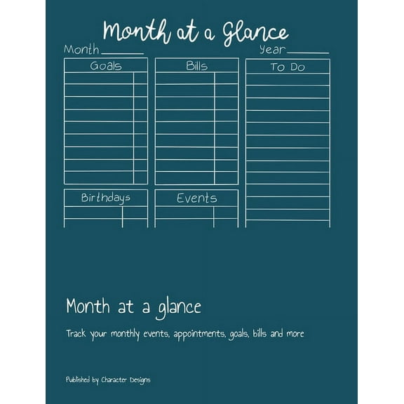 Month at a glance: Track your monthly events, appointments, goals, bills and more (Paperback)