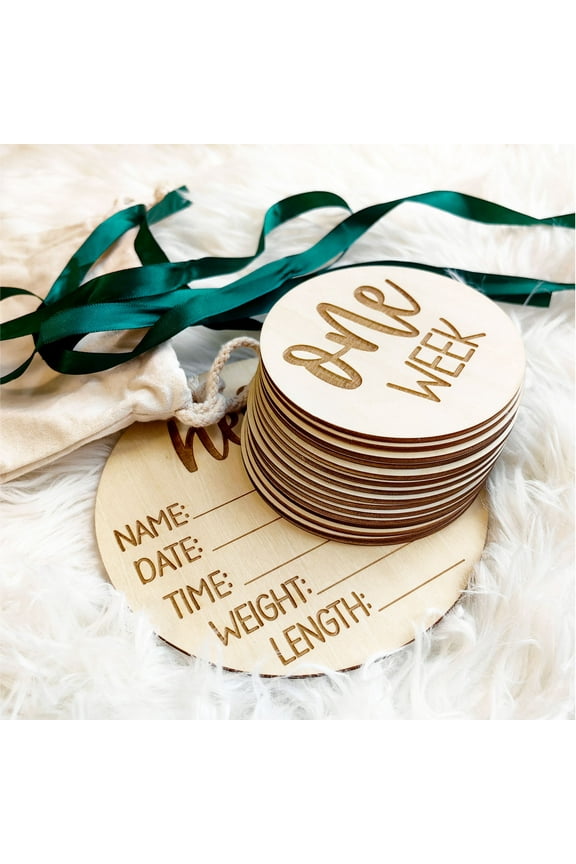 Monthly Baby Milestone Cards 16 Wooden Milestone Discs Includes Birth Announcement Sign Baby Shower/Gift Set, Baby Monthly Milestone Props Perfect for Newborn to Age 1 | Baby Shower/Gift Set