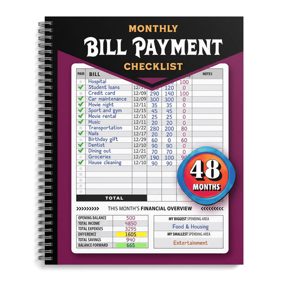 Monthly Bill Payment Checklist Notebook, 4 Year with 960 Billing Records