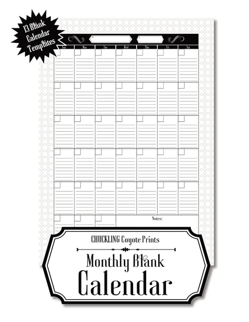 CHUCKLING COYOTE PRINTS Monthly Blank Calendar : 8.5x11 Undated Calendar Fillable Templates for Office, School or Home, Sun-Sat, Pages For Notes And To-Do Agenda (Paperback)