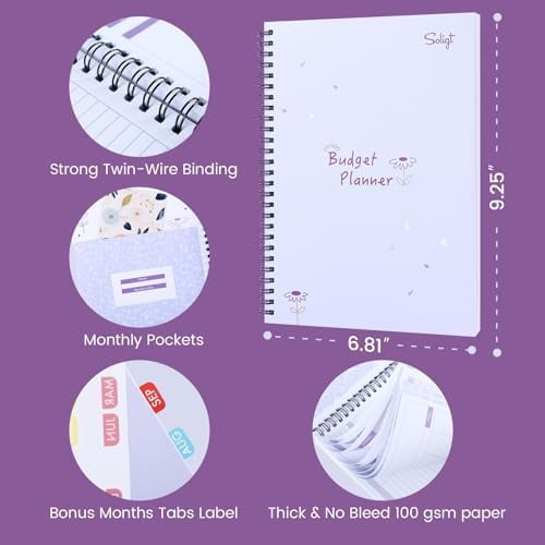 Monthly Budget Planner Book (Undated) with 12 Pockets for Income, Debt, Saving, Expense and Bill Tracker Organizer, Purple, Spiral Design