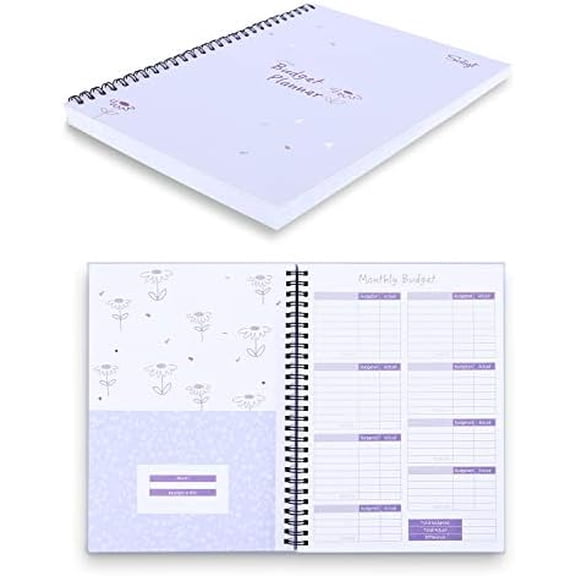 Monthly Budget Planner Book (Undated) with 12 Pockets for Income, Debt, Saving, Expense and Bill Tracker Organizer, Purple, Spiral Design