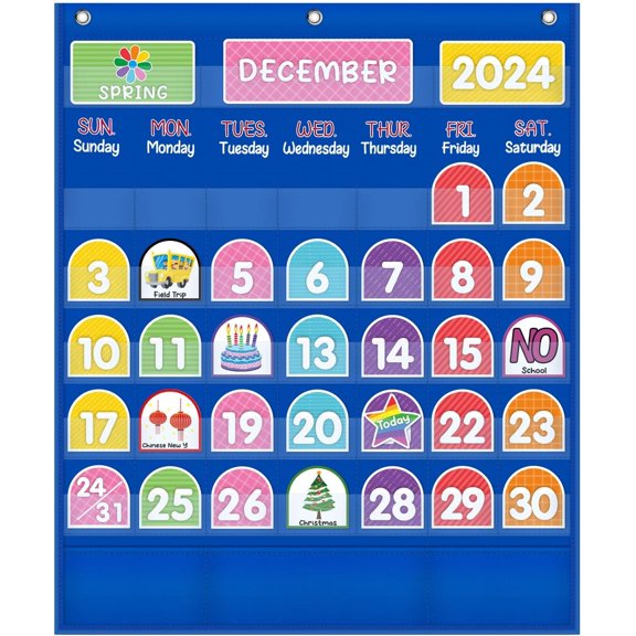 Monthly Calendar Pocket Chart with 92 Activity Cards for Kids,Simplified Calendar Pocket Chart for Kids Easy Learning,Classroom/Teacher Must Have Supplies/School Decor (Blue English)