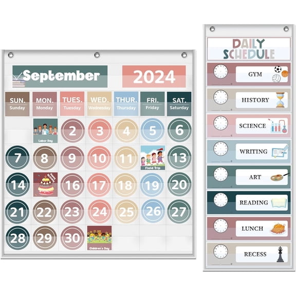 Godery Monthly Calendar Kindergarten Early Development Pocket Chart with Cards, White