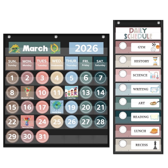 ABCKEY Boho Calendar Pocket Chart and Daily Schedule with 107 Cards for Classroom, Size:24 x 24 inch Black Monthly Calendar Wall Pocket Chart for Student Learning for School Home
