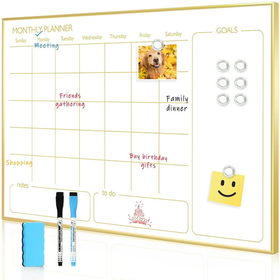 Monthly Calendar Whiteboard, 36"x24" Magnetic Dry Erase Calendar with Gold Frame, Wall Hanging Planner for Home, Office
