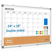 Monthly Calendar Whiteboard Dry Erase Cork Board Combination for Wall, 24" x 18" Magnetic Dry Erase Board, Double-Sided White Board,with 4 Markers, 8 Magnets, 1 Dry Eraser and 10 Pushpins