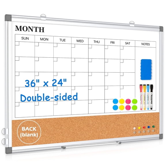 DOLLAR BOSS Large Dry Erase Board Combination Cork Board for Wall for Wall, 36" x 24" Monthly Calendar Whiteboard Magnetic Double-Sided White Board for Office, Kitchen, Planning, Home, White Frame