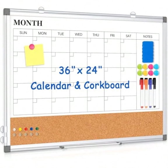 Monthly Calendar Whiteboard Dry Erase Cork Board Combo for Wall 36 x 24 Magnetic Double-Sided Calendar White Board and Bulletin Board Portable Board for Office Kitchen School Home