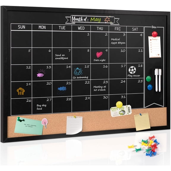 Monthly Chalkboard Calendar Cork Board for Wall 24x36 Magnetic Chalk Calendar Board Combo Board Large Wall Mounted Combination Board Blackboard for Office Kitchen School Home Black