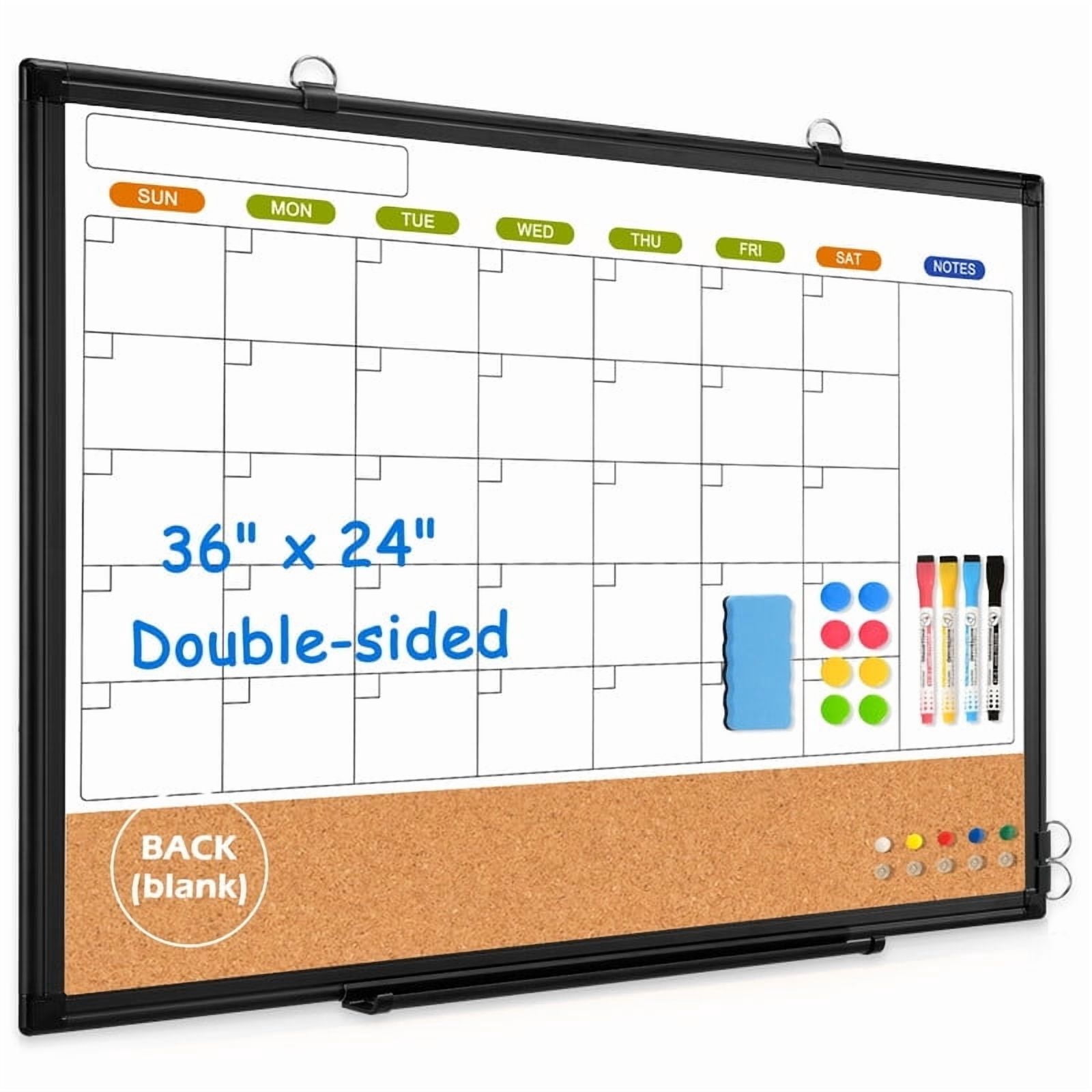 DOLLAR BOSS Dry Erase Calendar Whiteboard Calendar Cork Board Combo, Magentic Calendar Bulletin Board 36" x 24" Double-Sided Large White Board for Wall with 4 Markers 4 Magnets 10 Pins, Black Frame