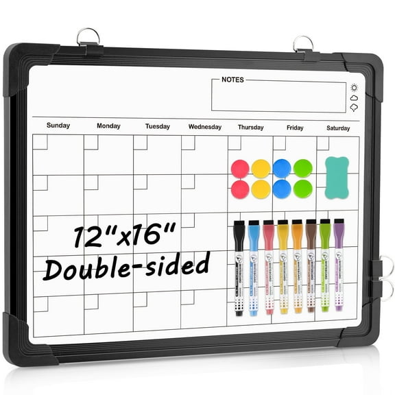 Dry Erase Calendar Whiteboard Calendar Magnetic White Board Double-Sided ,16" X 12" Calendar Monthly Whiteboard, Small Wall Hanging Calendar Board for Home, Office, Kitchen, Black Frame