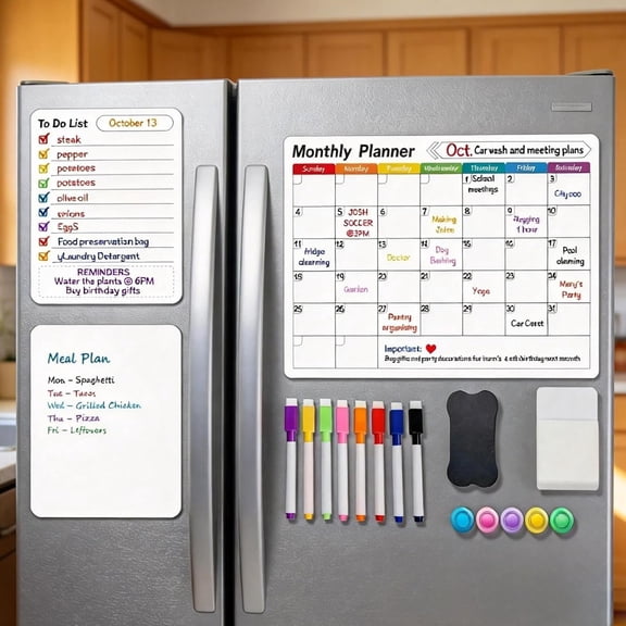 Monthly Dry Erase Calendar Whiteboard Set (3-Pack) for Fridge, Family Schedule Planner with List & Blank Board, 8 Markers, 1 Eraser,1 Storage Box and 5