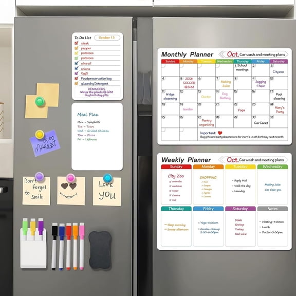 Monthly  Dry Erase Calendar Whiteboard Set (4-Pack) for Fridge, Monthly and Weekly Planners with List & Blank Board, 8 Markers, 1 Eraser,1  Storage Box and 5