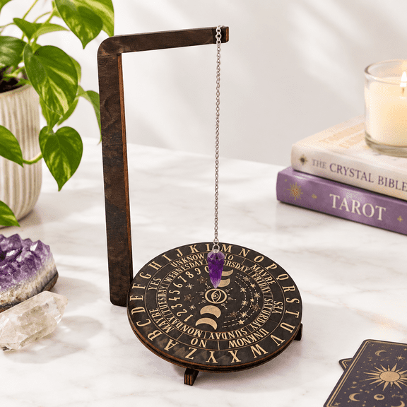 Monthly Moon Phase Wooden Pendulum Display Stand with Crystal Pendant, 12.5x9 Inch Meditation Decor