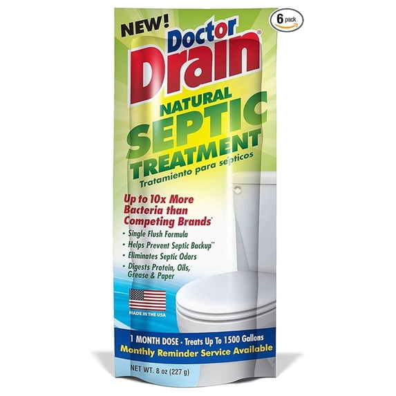 Monthly Natural Septic Treatment - One Flush Septic Enzyme Treatment Packets, Eliminates Odors Effectively, Prevents Septic Backup, Safe for All Pipes (Packet of 6)