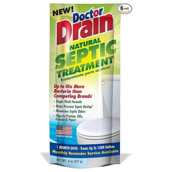 Monthly Natural Septic Treatment - One Flush Septic Enzyme Treatment Packets, Eliminates Odors Effectively, Prevents Septic Backup, Safe for All Pipes (Packet of 6)