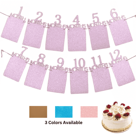 Monthly Photo Banners, Birthday Milestone Party Decorations Sign Garland Flags, Gift for Party Planners, Pink, 1 set