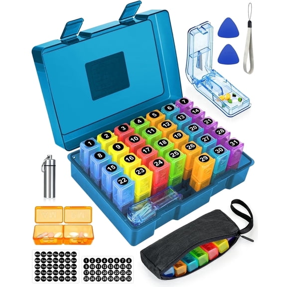 Monthly Pill Organizer 2 Times a Day, Medicine Box with Portable Weekly Pill Bag, Keychain Pill Case, Pill Cutter and 2 Sticker (Blue, 2 Times a Day)