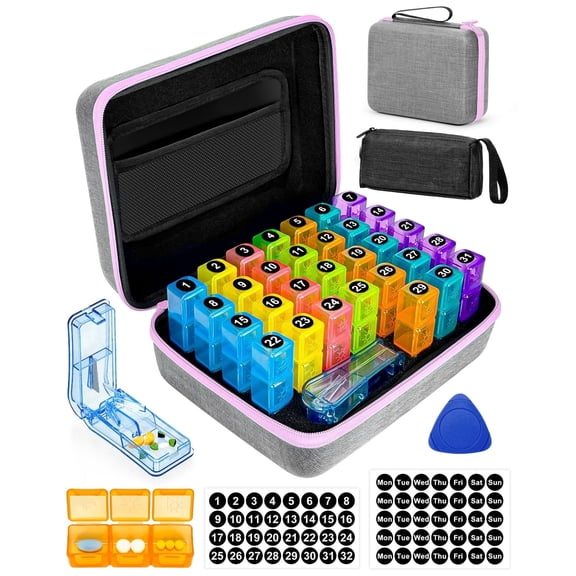 Monthly Pill Organizer 2 Times a Day, with Weekly Pill Bag, Portable Hard Shell, Pill Cutter, Plastic Opening Pick, Monthly & Weekly Stickers, Convenient Medication Management and Tracking