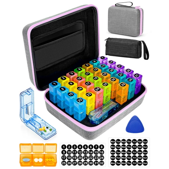 Monthly Pill Organizer 2 Times a Day, with Weekly Pill Bag, Portable Hard Shell, Pill Cutter, Plastic Opening Pick, Monthly & Weekly Stickers, Convenient Medication Management and Tracking