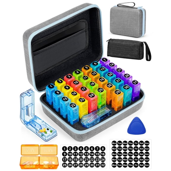 Monthly Pill Organizer 2 Times a Day, with Portable Hard Shell, Pill Cutter, 31-Day Box, Plastic Opening Pick, Monthly & Weekly Stickers, Convenient Medication Management