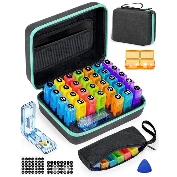 Monthly Pill Organizer 2 Times a Day with Portable Hard Shell Pill Cutter 31-Day Box Plastic Opening Pick Monthly & Weekly Stickers