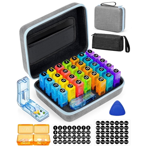 Monthly Pill Organizer 2 Times a Day, with Portable Hard Shell, Pill Cutter, 31-Day Box, Plastic Opening Pick, Monthly & Weekly Stickers, Convenient Medication Management