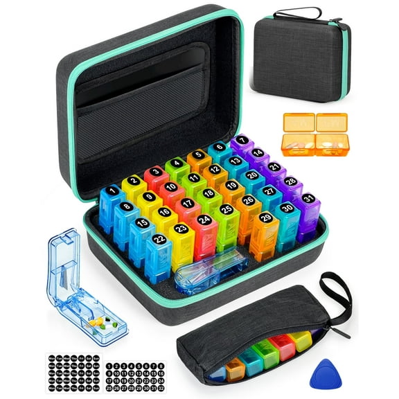 Monthly Pill Organizer 2 Times a Day, with Weekly Pill Bag, Portable Hard Shell, Pill Cutter, Plastic Opening Pick, Monthly & Weekly Stickers, Convenient Medication Management and Tracking