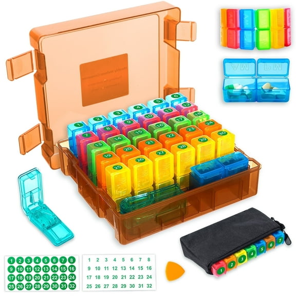 Monthly Pill Organizer 2 Times a Days, CTMAST Medicine Organizer Box with Portable Hard Shell and Pill Cutter, 31 Day Pill Box with Monthly and Weekly Sticker(orange)