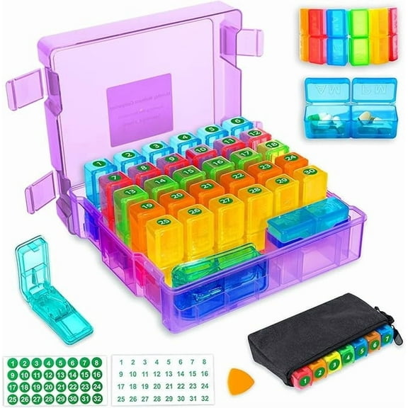 Monthly Pill Organizer 2 Times a Days, CTMAST Medicine Organizer Box with Portable Hard Shell and Pill Cutter, 31 Day Pill Box with Monthly and Weekly Sticker(Purple))