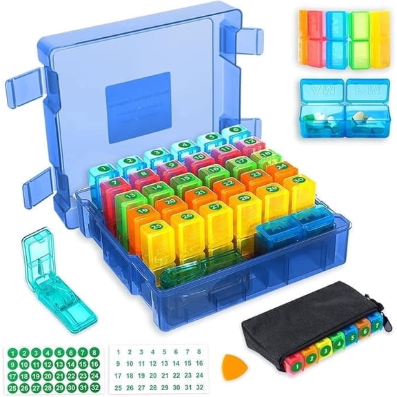 Monthly Pill Organizer 2 Times a Days, Medicine Organizer Box with Portable Hard Shell and Pill Cutter, 31 Day Pill Box with Monthly and Weekly Sticker