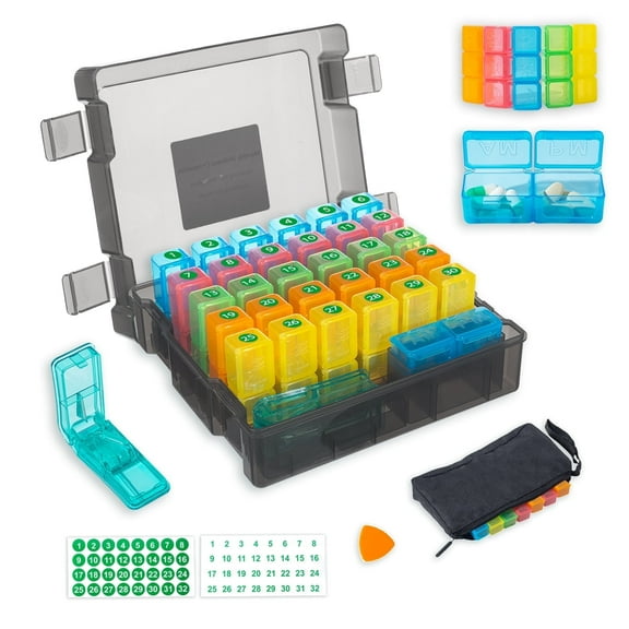 Monthly Pill Organizer 2 Times a Days, CTMAST Medicine Organizer Box with Portable Hard Shell and Pill Cutter, 31 Day Pill Box with Monthly and Weekly Sticker