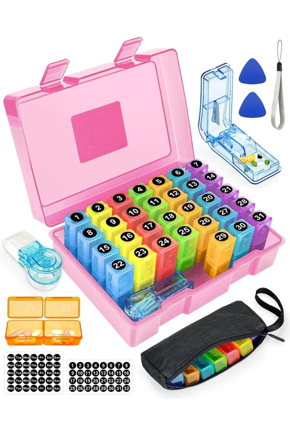 Monthly Pill Organizer 2 Times a Day, Medicine Box with Portable Weekly Pill Bag, Keychain Pill Case, Pill Cutter and 2 Sticker (Blue, 2 Times a Day)