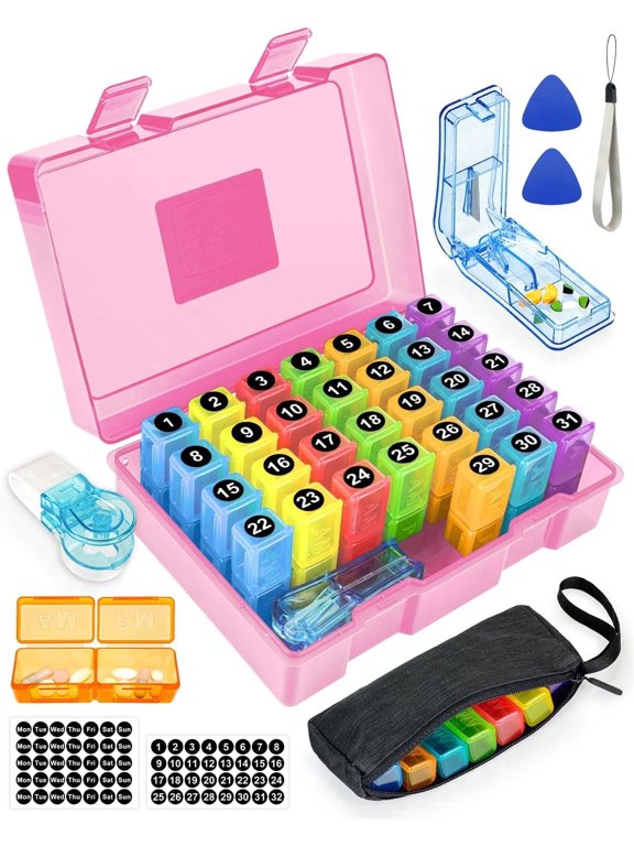 Monthly Pill Organizer 2 Times a Day, Medicine Box with Portable Weekly Pill Bag, Keychain Pill Case, Pill Cutter and 2 Sticker (Blue, 2 Times a Day)