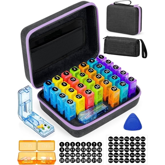 Monthly Pill Organizer 2 Times a Day with Portable Hard Shell Pill Cutter 31-Day Box Plastic Opening Pick Monthly & Weekly Stickers