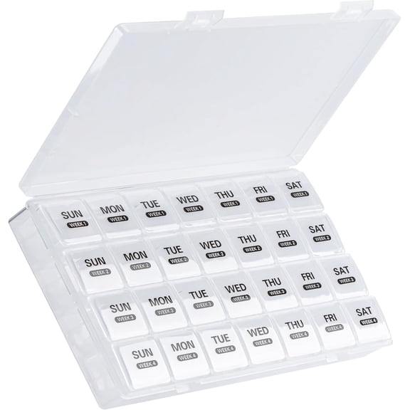 Monthly Pill Organizer, 28 Day Pill Box 1 Time a Day with Dust-Proof Case, Large 4 Weeks a Month Pill Case Container, Daily Vitamin Case Box for Pills/Medicine/Fish Oil/SupplementsWhite