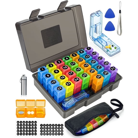 Monthly Pill Organizer 3 Times a Day, Medicine Box with Portable Weekly Pill Bag, Keychain Pill Case, Pill Cutter and 2 Sticker (Black, 3 Times a Day)