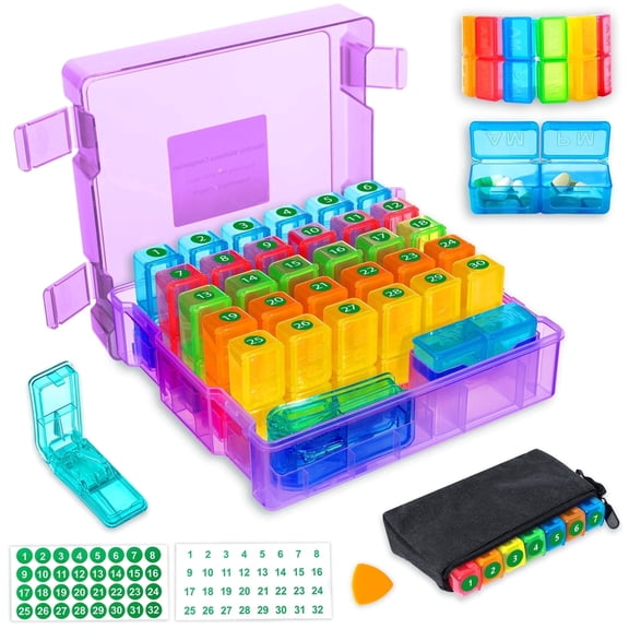 Monthly Pill Organizer 3 Times a Days,  Medicine Organizer Box with Portable Hard Shell and Pill Cutter, 31 Day Pill Box with Monthly and Weekly Sticker