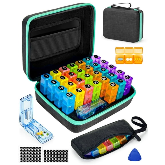 Monthly Pill Organizer 3 Times a Days,  Medicine Organizer Box with Portable Hard Shell and Pill Cutter, 31 Day Pill Box with Monthly and Weekly Sticker