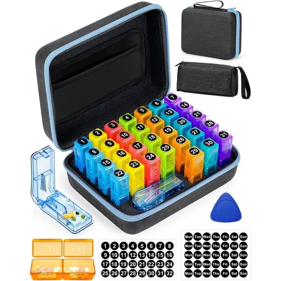 Monthly Pill Organizer 3 Times a Days, Medicine Organizer Box with Portable Hard Shell and Pill Cutter, 31 Day Pill Box with Monthly and Weekly Sticker