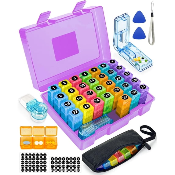 Monthly Pill Organizer 3 Times a Day, Medicine Box with Portable Weekly Pill Bag, Pill Taker Tool, Pill Cutter and 2 Sticker (Purple, 3 Times a Day)