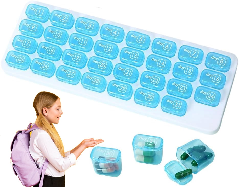 Monthly Pill Organizer 31 Day, 2026 Upgraded Large Portable Travel Pill Box, 30 Day Pill Case Small Compartments to Hold Vitamin and Travel Medicine Organizer, Daily Pill Case (Blue)