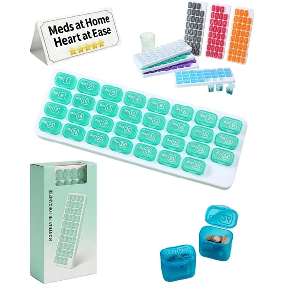 Monthly Pill Organizer, 31 Day Removable Pill Pods with Easy-Open Lids, Travel Case for Vitamins Medications Daily Dispenser (Green)