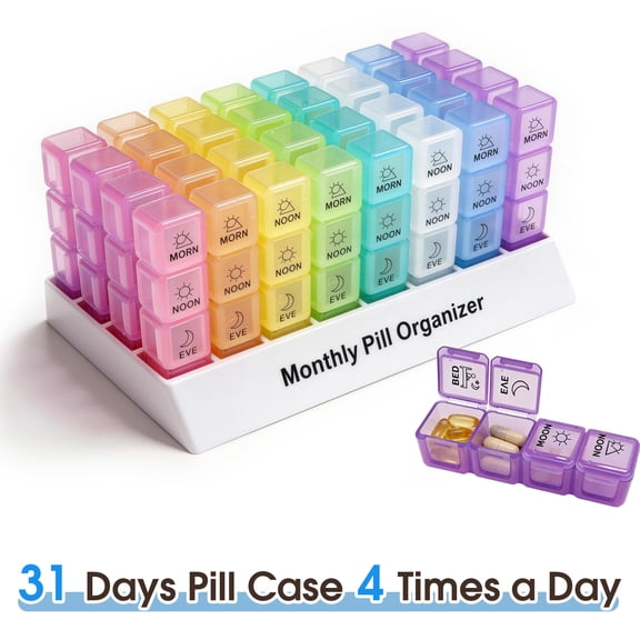 31 Day Monthly Pill Organizer, 4 Times a Day BPA Free Pill Box, Removable Daily Pill Case Large Compartment Portable Medication Organizer for Vitamins Supplements
