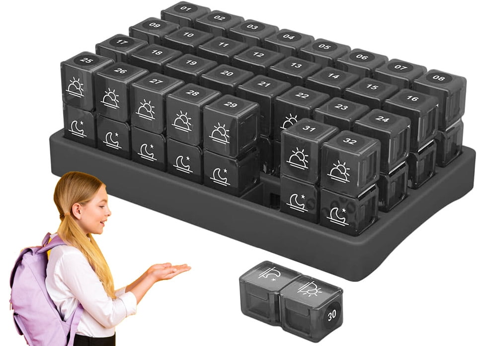 Monthly Pill Organizer 64 Day, 2026 Upgraded Large Portable Travel Pill Box, 64 Day Pill Case Small Compartments to Hold Vitamin and Travel Medicine Organizer, Daily Pill Case (Black)