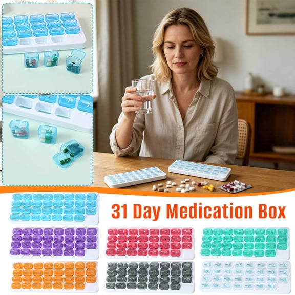 Monthly Pill Organizer Case With Easy-Open Lids – 31 Removable Daily Pods, Arthritis Friendly Design, Date Reminder Travel Pill Box For Vitamins Medications