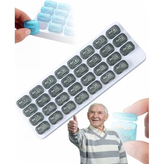 Monthly Pill Organizer with Lid, Arthritis-Friendly Easy-Open Lids 31 Removable Daily Pill Pods Date Reminder & Travel Case for Vitamins & Medications(Gray)