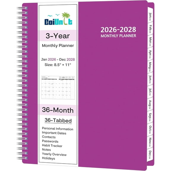 Monthly Planner 2026-2028, 36 Months Calendar Planner 2026-2028 from Jan 2026 Dec 2028, 8.5'' x 11'' with Ruled Spread, Flexible Cover, Spiral Wirebound, Pocket, Coated Tabs, Notes Habit Tracker