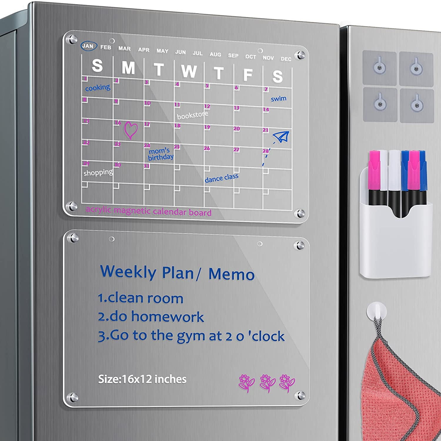 Monthly Planner plus Memo Dry Erase Board Acrylic, Magnetic with 6 Pens